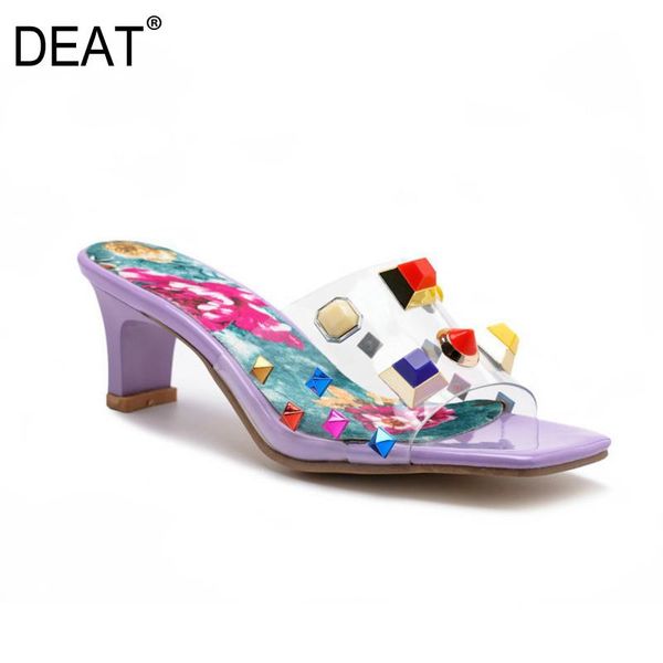 

slippers [deat] 2021 spring summer square toe transparent pvc string beads hit colors high heels women shoes tide 10i075, Black