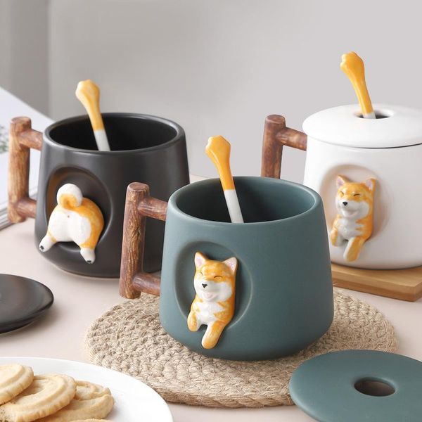 

mugs creative ceramic personality cute with coffee cups shiba inu cat mug lid tea dog cup kawaii set