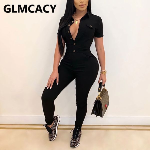 

short sleeve button detail jumpsuit slim cargo pants overalls 210702, Black;white