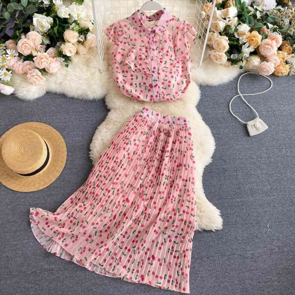 

summer sets korean holiday style womens tracksuits sleeveless shirt printed pleated skirt casual female two piece ll954, Gray