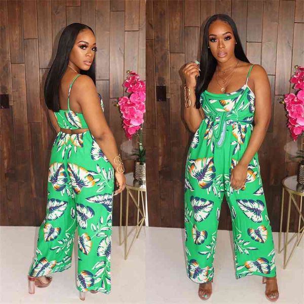 

holiday beach style women floral printed spaghetti strap strapless sleeveless jumpsuits casual lace-up loose rompers green, Black;white