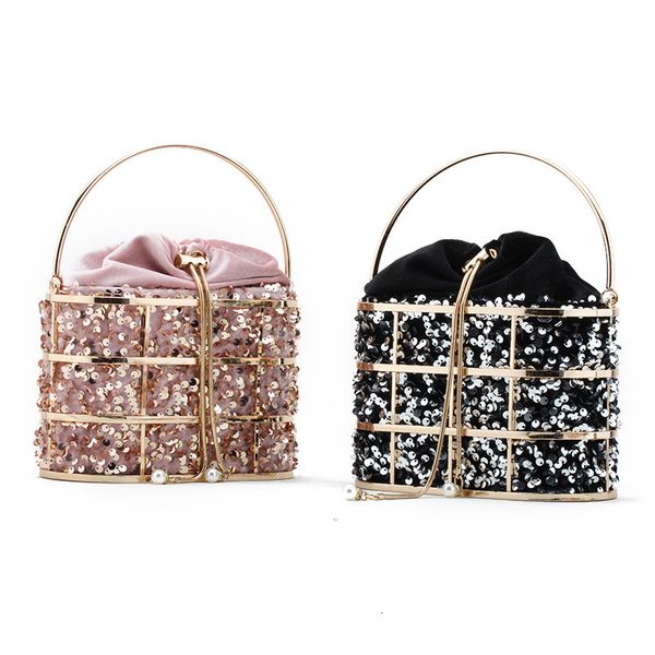 

fashion evening bag female 2021 summer net red portable dinner metal hollow sequin bucket