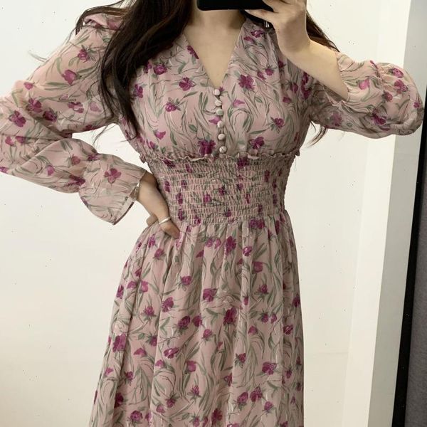 

womens dress flower women floral chiffon vestidos maxi vestido beach elegant spring pink korean long sleeve v ropa mujer sukienki, Black;gray