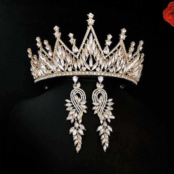 Forseven White Crystal Headdress Vestido de Noiva Acessório Brown Barroco Princesa Coroa com Brincos Mulheres Tiara JL H1022