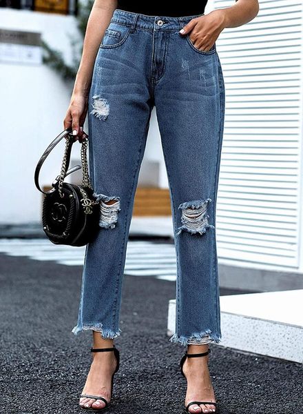 

women's jeans loose boyfriend stretchy ripped distressed denim pants, Blue