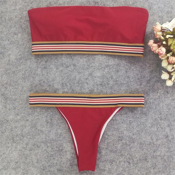 

women's swimwear bandeau women strapless beach sport bikinis summer 2021 est femme striped patchwork swimming clothes push up padded se, White;black