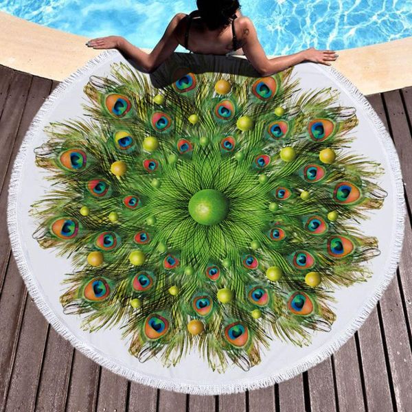 

towel round beach with tassels peacock feather microfiber bath shower for adults blanket sand free