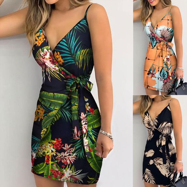 

floral fashion women dress v neck large size sleeveless ladies oversize bandage backless sling mini vestidos, Black;gray