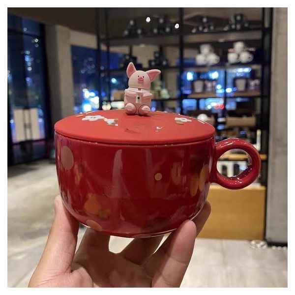 

mugs ceramic mug red piggy cup cute cartoon creative drinking coffee with lid