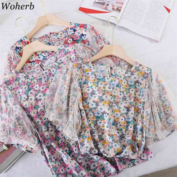 

women blouses korean style floral print mesh sleeve vintage femme elegant ladies office blusas mujer de moda chic 210519, Black;gray