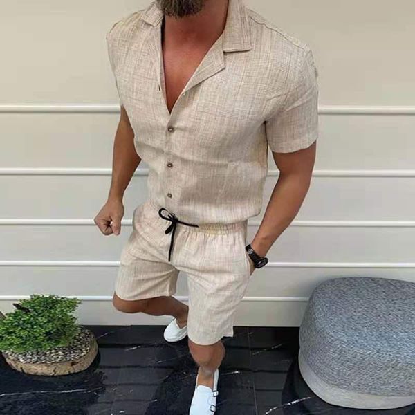 

men's tracksuits spring summer loose two piece set tracksuit casual suits men shirt blouse cotton linen shorts pants 2 sets for clothes, Gray