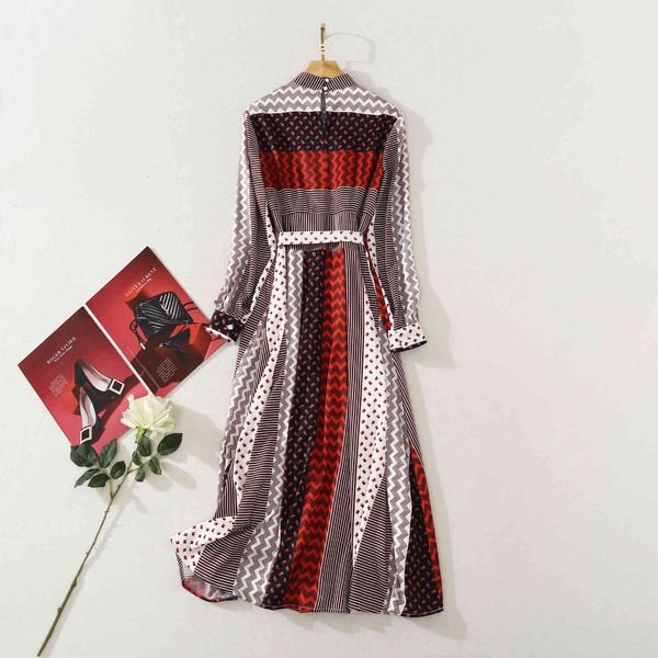 

dresses novia party autumn fashionable women stand neck geometric print belt patchwork long sleeve large swing casual vintage, Black;gray