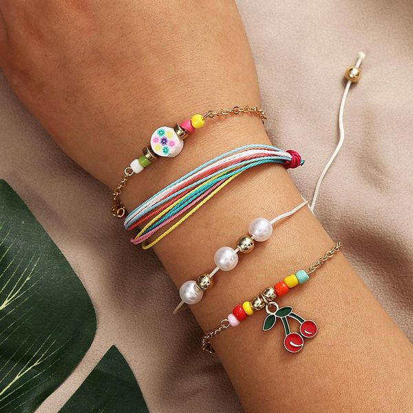 

link, chain bohemia multilayer hand-weave rope bracelets fashion geometric beaded cherry pendant charm bracelet gift for women jewelry, Black