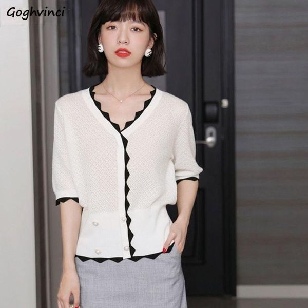 

women's knits & tees cardigan women button summer elegant soft patchwork simple tender all-match leisure retro half sleeve trendy femal, White