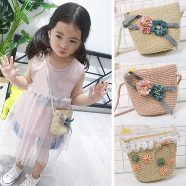 

duffel bags children straw woven flower girl purse summer beach handbags shoulder crossbody o66