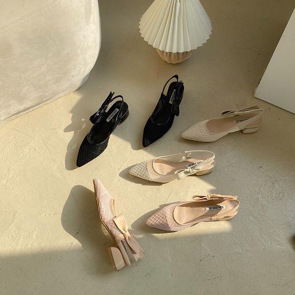 

summer pointed mesh bow chunky heel fashion all-match women's sandals, Black