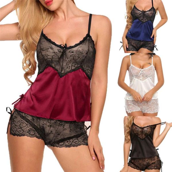 

bras sets 2pcs women satin silk lingerie underwear babydoll nightwear sleepwear strap solid color lace set perspective a20, Red;black