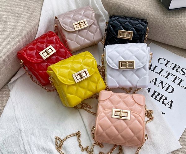 

new fashion women pvc jelly chain bags rhombic lady shoulder crossbody bag girl mini solid color small square handbag, Red;black