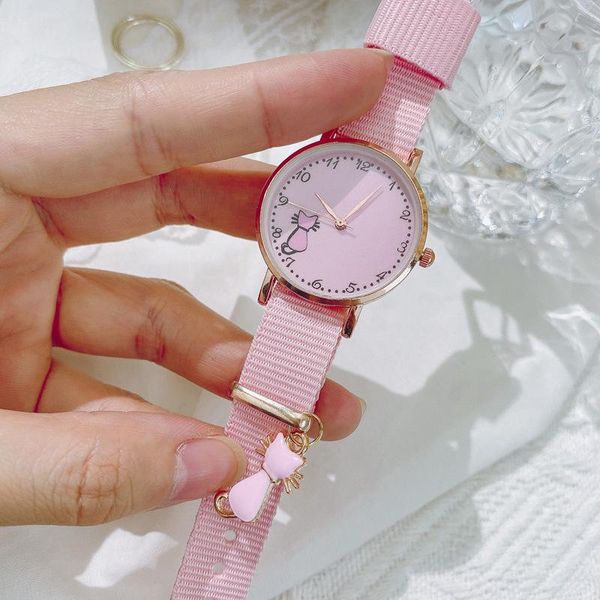 

wristwatches women sweet pink cartoon cat dial bracelet watch set cute student quartz montre femme relogio feminino, Slivery;brown