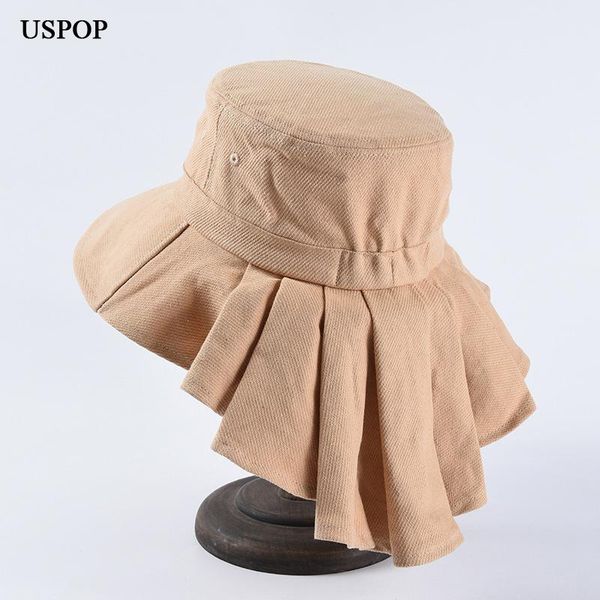 

est women bucket hats summer cloth sun flat solid color cotton wide brim, Blue;gray