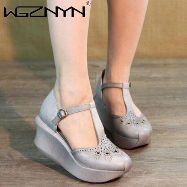 

sandals women retro summer shoes genuine pu leather buckle strap handmade platform ladies casual wedges 2021 for, Black