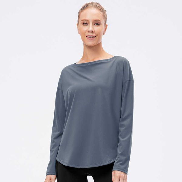 

women's one line neck sports long sleeve loose nude yoga clothes fitness running workout casual gym shirt, White;red