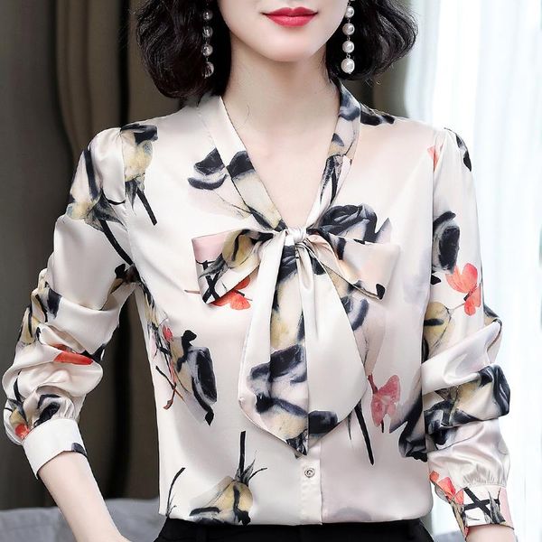 

plus size clothing blusas mujer de moda 2021 blouse women long sleeve v-neck print chiffon shirt blusa d480 women's blouses & shirts, White