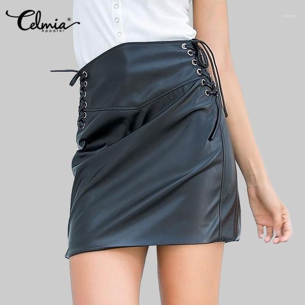

skirts celmia elegant office pu leather women high waist sheath wrap mini fashion female solid party lace up skirt, Black