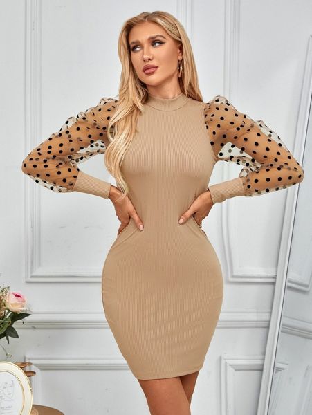 

contrast dobby mesh puff sleeve mock neck bodycon dress c1eb#, Black;gray