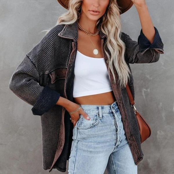 

women's jackets women button denim patchwork style print lapel leopard casual pocket loose outerwear streetwear female sleeve coat long, Black;brown