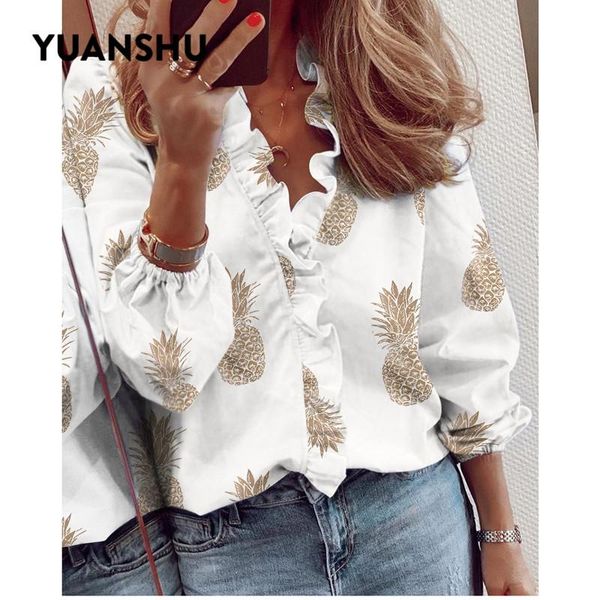 

women's blouses & shirts yuanshu women long sleeve ruffles neck office lady blouse print shirt loose streetwear, White