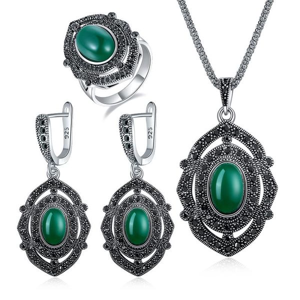 

earrings & necklace ajojewel individuality silver color vintage green resin jewelry set full black rhinestone paved water drop
