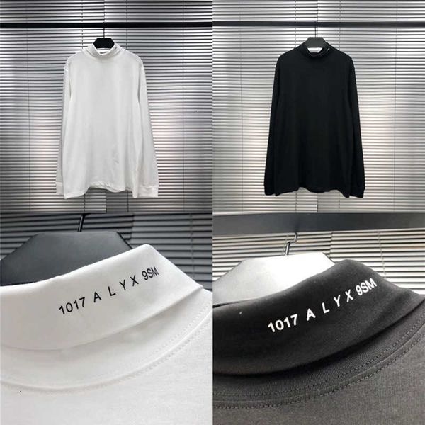 

men's t-shirts 1017 9sm roll turtleneck black white men women 1:1 high-quality neckline print alyx tee long sleeve t-shirt brl1, White;black