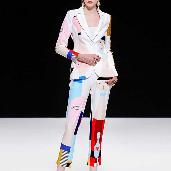 

[deat] spring fashion long sleeve v-neck single button printing blazer pencil pants temperament women suit 13c525 210527, White