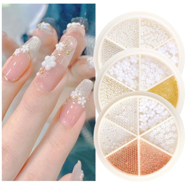 

nail art decorations 1box 3d flowers mixed micro caviar nails beads accessories acrylic stones for manicure diy design nf1927, Silver;gold