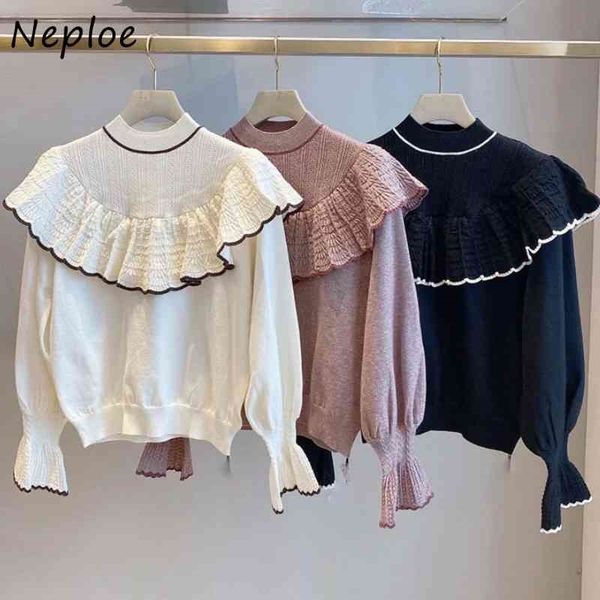 

autumn solid color loose ruffles patchwork pullovers vintage sweet knitted sweaters women chic flare sleeve 210430, White;black