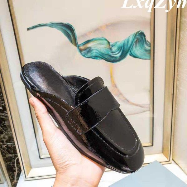 

brand design slipper shoes women black white leather loafers woman round toe triangle decor flats mules ladies slippers