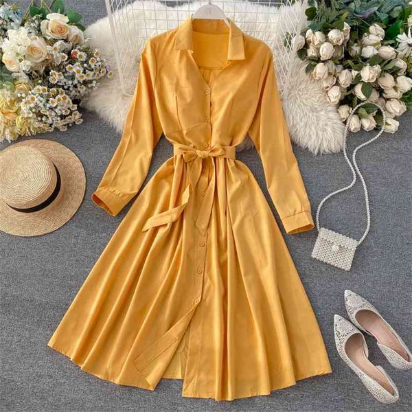 

elegant office lady shirt dress spring autumn vintage single breasted v-neck solid sashes high waist slim a-line 210430, Black;gray