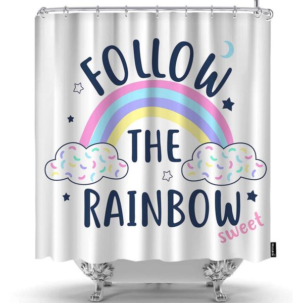

rainbow shower curtain stars moon clouds decorative follow the rainbow slogan magical fashion shower curtains home decorative