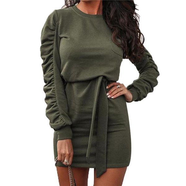 

casual dresses autumn dress solid women round neck sashes long pleated sleeve female bandage mini, Black;gray