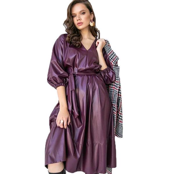 

casual dresses women vintage sashes purple pu party dress lantern sleeve v neck solid elegant a-line 2021 autumn, Black;gray