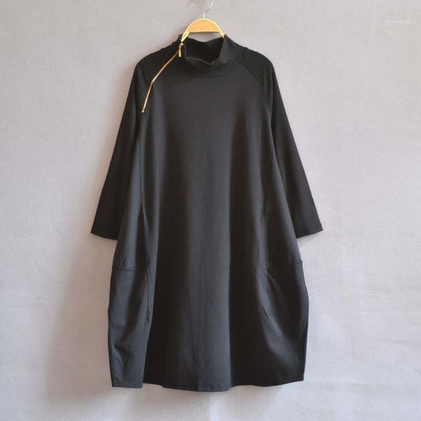 

casual dresses women autumn winter cotton a line warm clothes ladies high-necked zipper dress loose size long sleeve, Black;gray