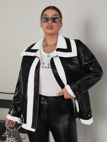 

plus contrast panel drop shoulder grommet belted pu leather coat x3wj#, Black