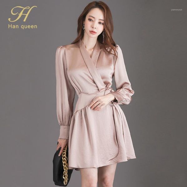 

casual dresses h han queen satin women elegant business formal party dress autumn long sleeve fitted slim classic chic korea vestidos, Black;gray