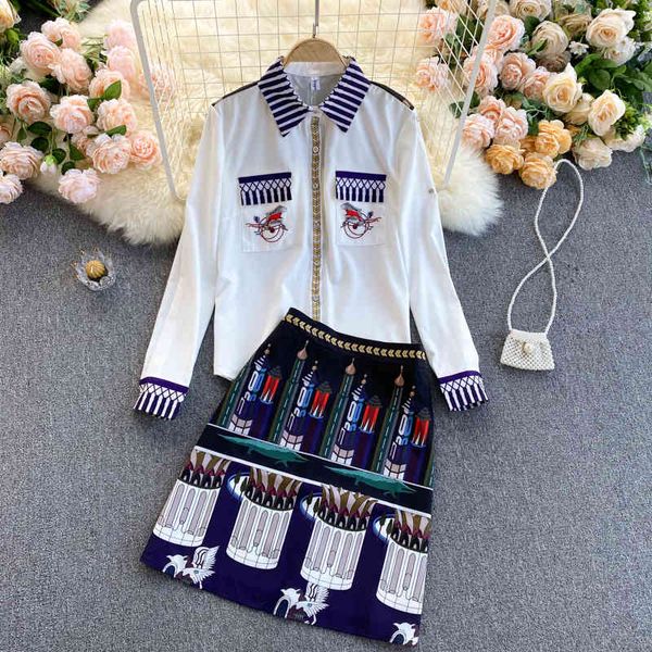 

two piece dress women's 2021 retro fashion printed lapel chic long sleeve shirts +high waist skirt two-piece sets r519 anib, White