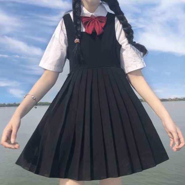 

clothing sets 2021 japanese style jk school uniform for girls high waist vest dress white shirt bow tie sweet daily suit two piece