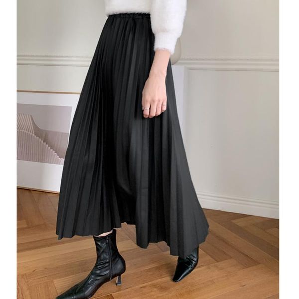 Saias 2021 outono e inverno moda retro lazer luz temperamento maduro cintura elástica plissada grande saia de balanço longo