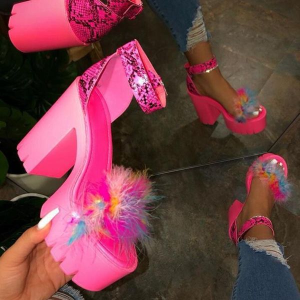 

dress shoes women sandals fluffy high heels summer fur 2021 casual ankle buckle fashion non-slip outside plus size 43, Black