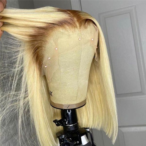 

ombre blonde bob wig human hair short 613 lace part wigs for black women cosplay straight brazilian 100% natural, Black;brown
