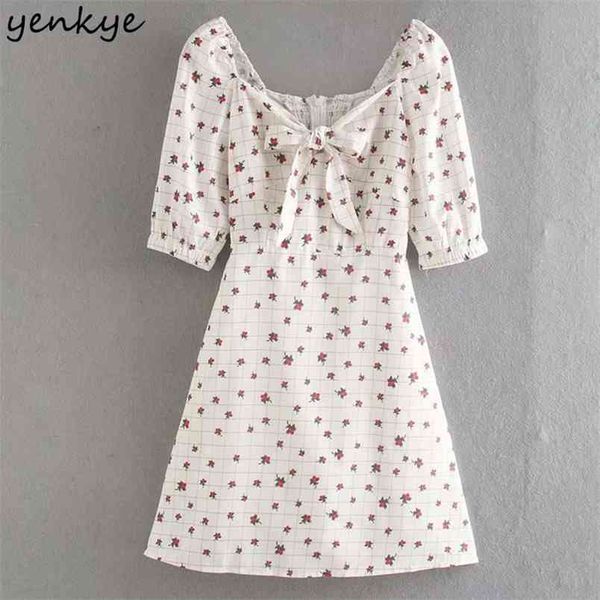 

sweet summer dress women front bow tie v neck half sleeve plaid floral print female a-line mini vestido 210514, Black;gray